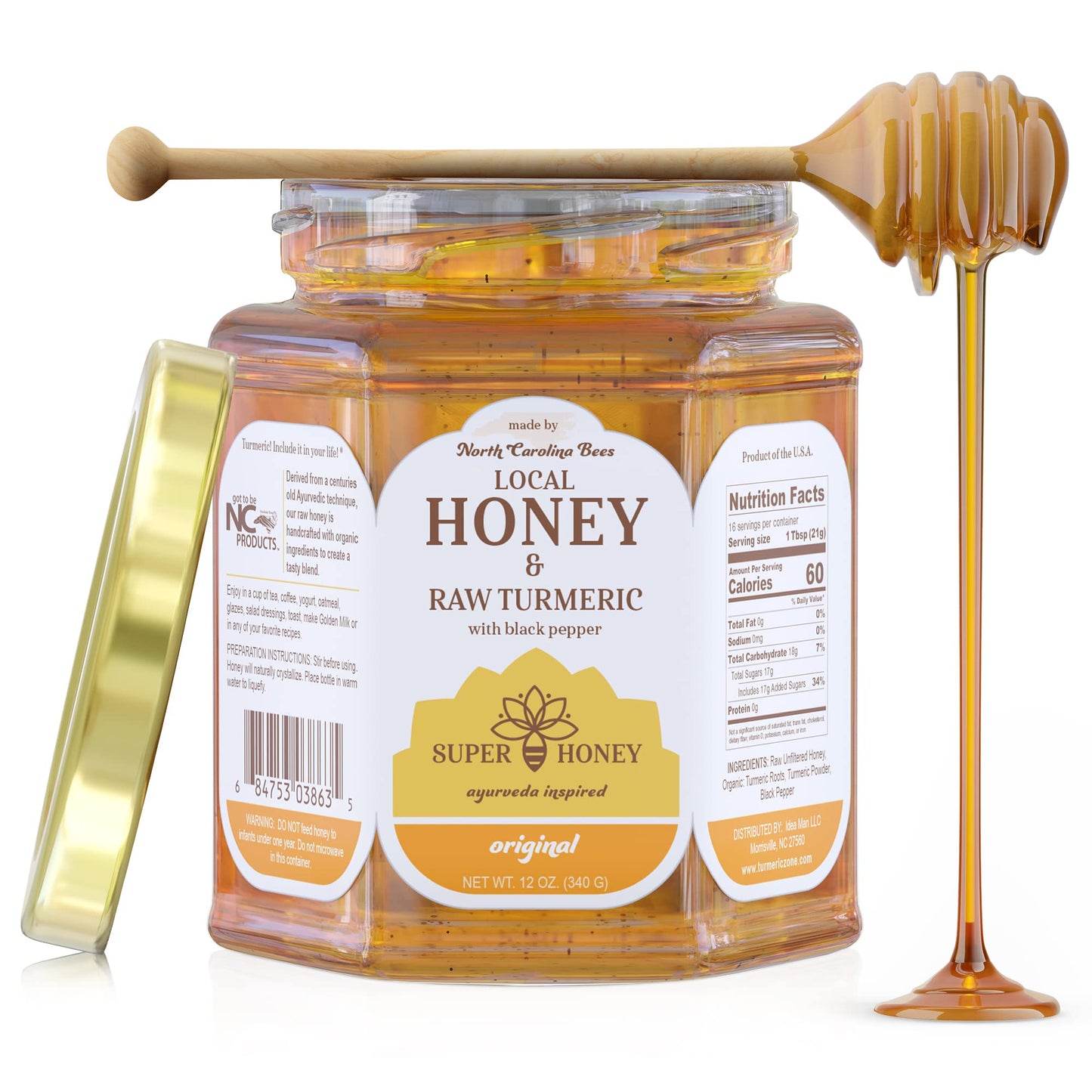 SUPER HONEY North Carolina Honey with Turmeric and Black Pepper, Ayurveda Inspired 100% Pure Raw Honey, Unfiltered and Naturally Delicious - 12oz. Glass Jar