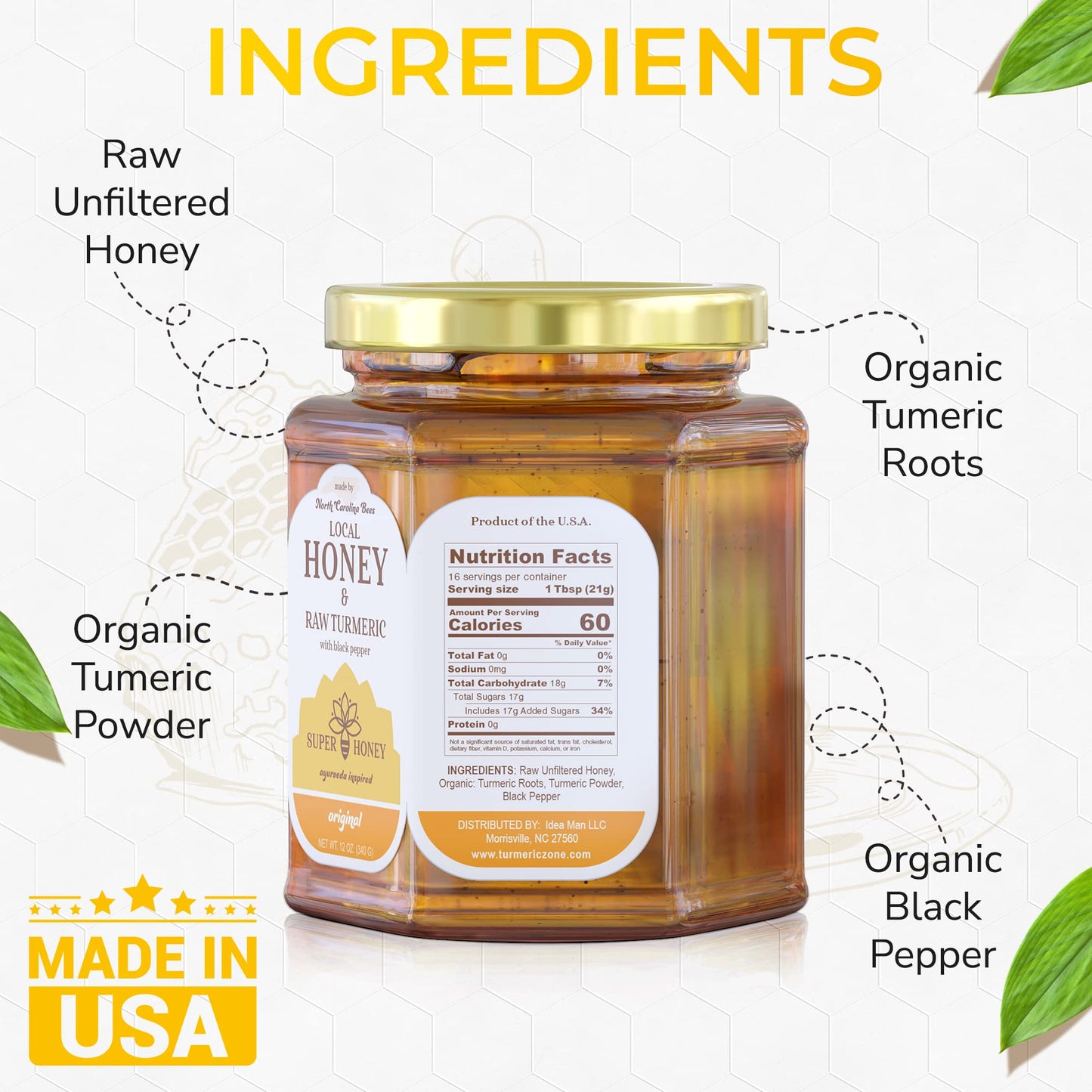 SUPER HONEY North Carolina Honey with Turmeric and Black Pepper, Ayurveda Inspired 100% Pure Raw Honey, Unfiltered and Naturally Delicious - 12oz. Glass Jar