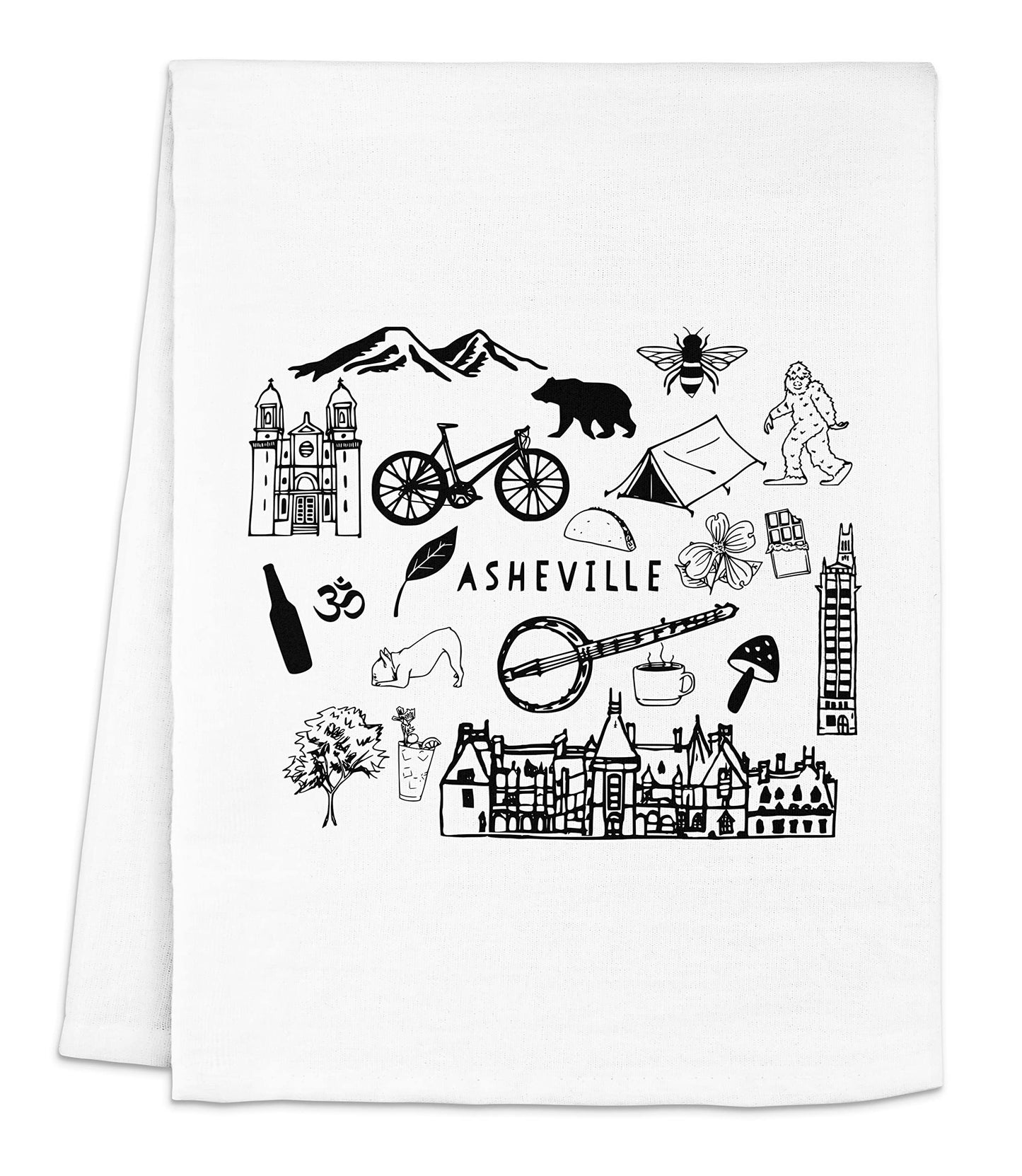 Funny Dish Towel, Asheville North Carolina Collage, Flour Sack Kitchen Towel, Sweet Housewarming Gift, Farmhouse Kitchen Decor, White or Gray (White)