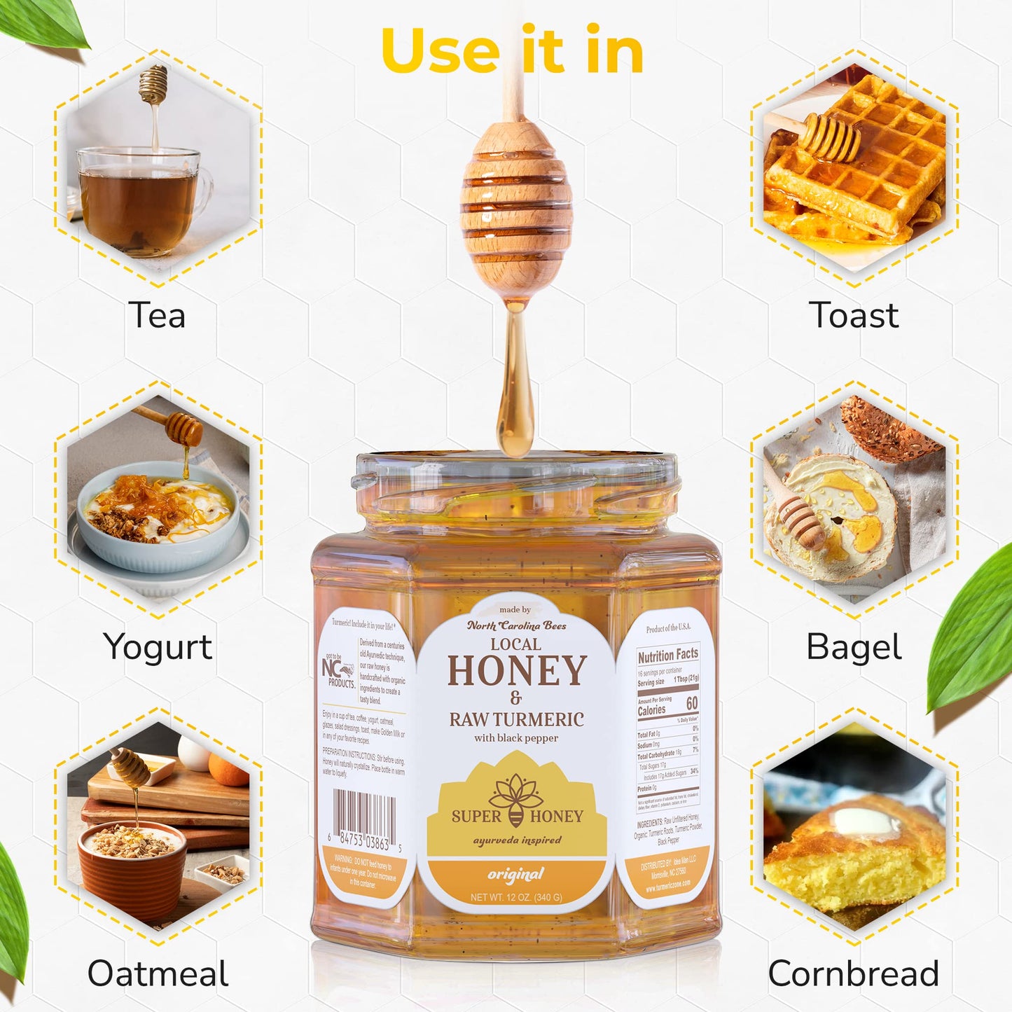 SUPER HONEY North Carolina Honey with Turmeric and Black Pepper, Ayurveda Inspired 100% Pure Raw Honey, Unfiltered and Naturally Delicious - 12oz. Glass Jar