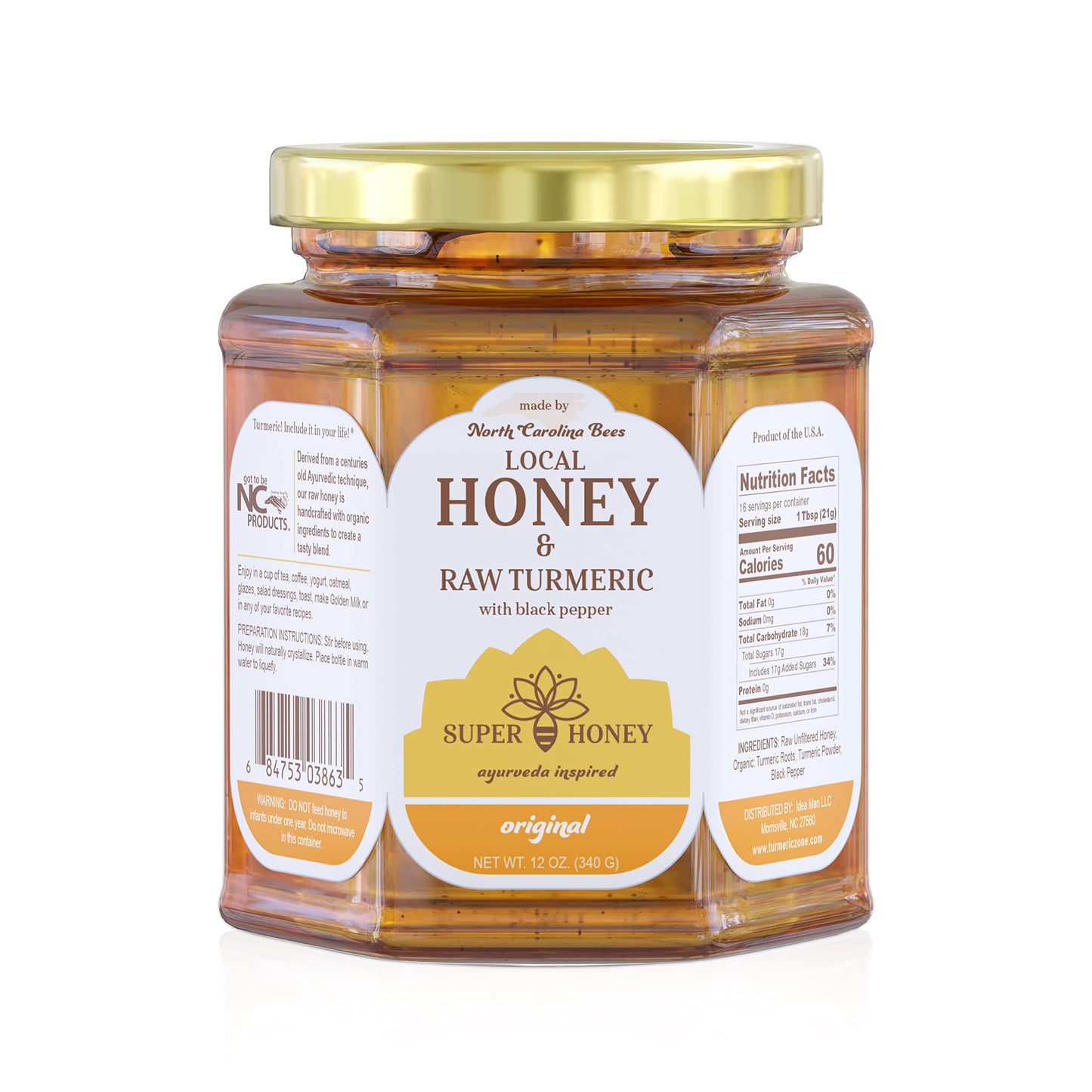 SUPER HONEY North Carolina Honey with Turmeric and Black Pepper, Ayurveda Inspired 100% Pure Raw Honey, Unfiltered and Naturally Delicious - 12oz. Glass Jar