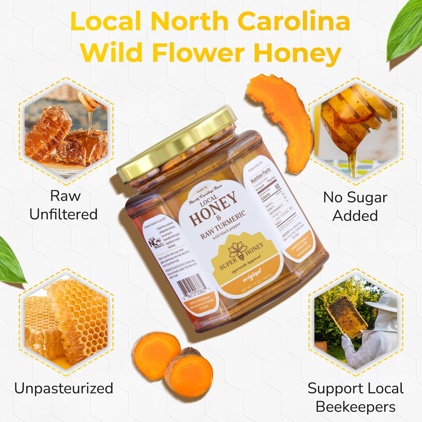 SUPER HONEY North Carolina Honey with Turmeric and Black Pepper, Ayurveda Inspired 100% Pure Raw Honey, Unfiltered and Naturally Delicious - 12oz. Glass Jar