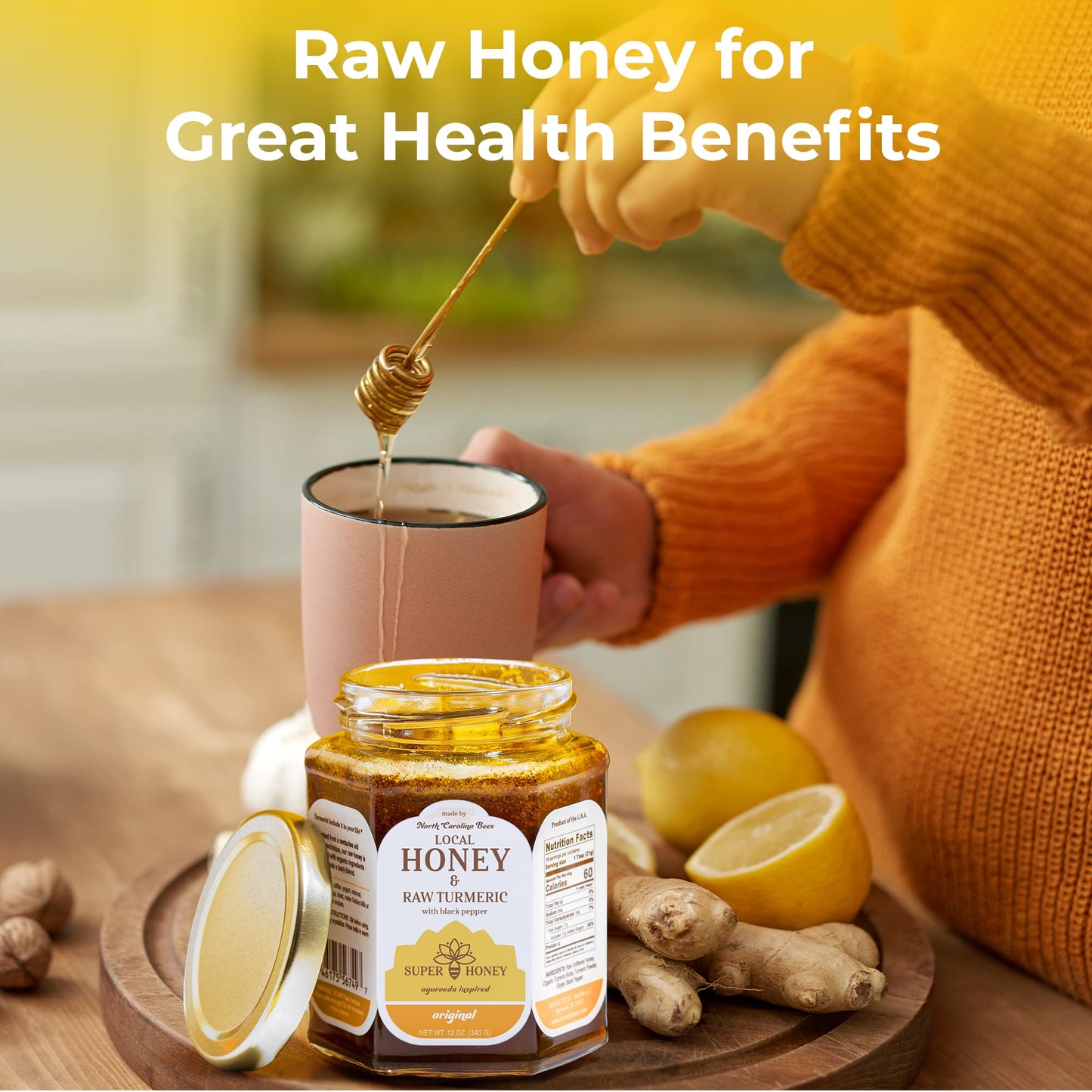 SUPER HONEY North Carolina Honey with Turmeric and Black Pepper, Ayurveda Inspired 100% Pure Raw Honey, Unfiltered and Naturally Delicious - 12oz. Glass Jar