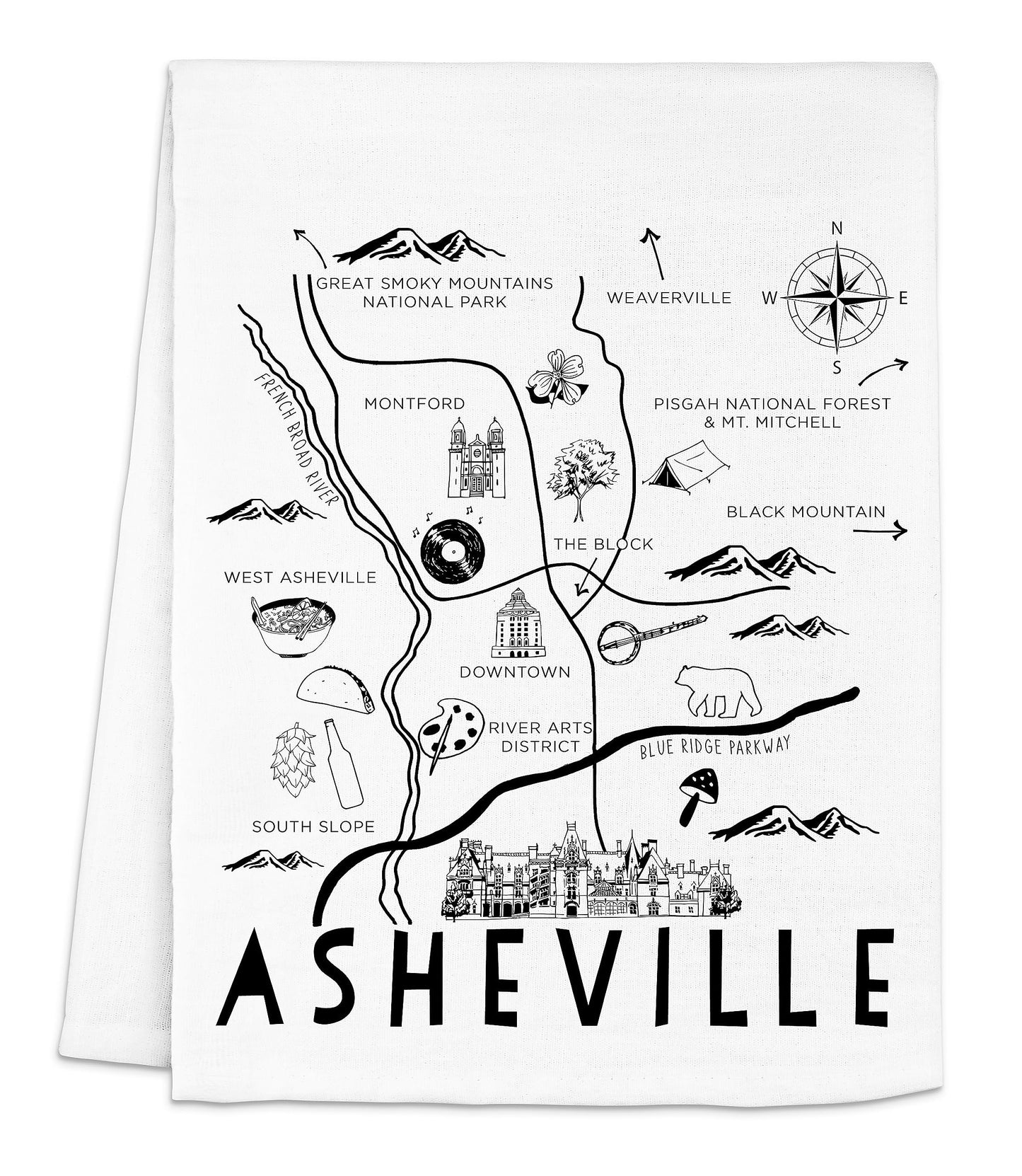 Funny Dish Towel, Asheville North Carolina Collage, Flour Sack Kitchen Towel, Sweet Housewarming Gift, Farmhouse Kitchen Decor, White or Gray (White)