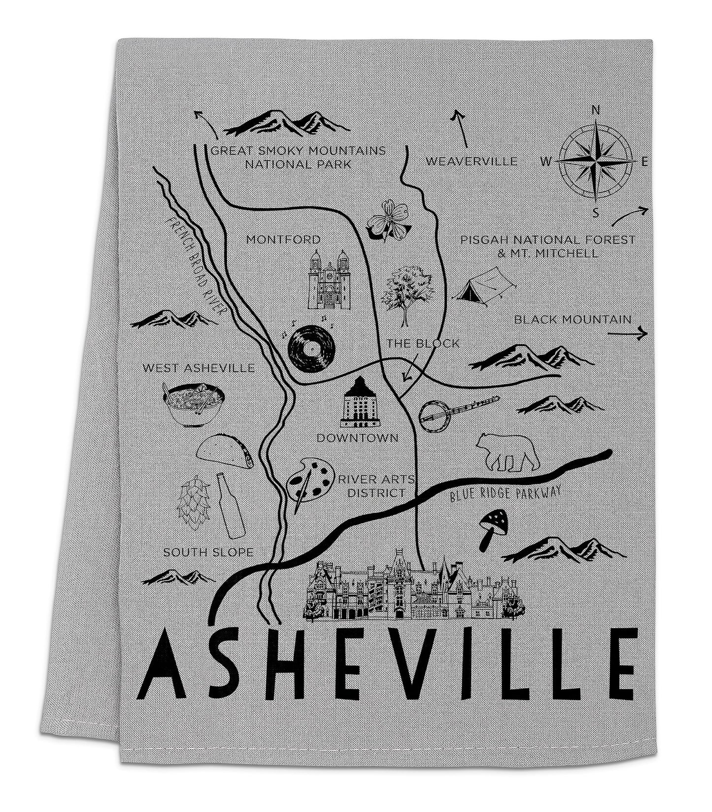 Funny Dish Towel, Asheville North Carolina Collage, Flour Sack Kitchen Towel, Sweet Housewarming Gift, Farmhouse Kitchen Decor, White or Gray (White)