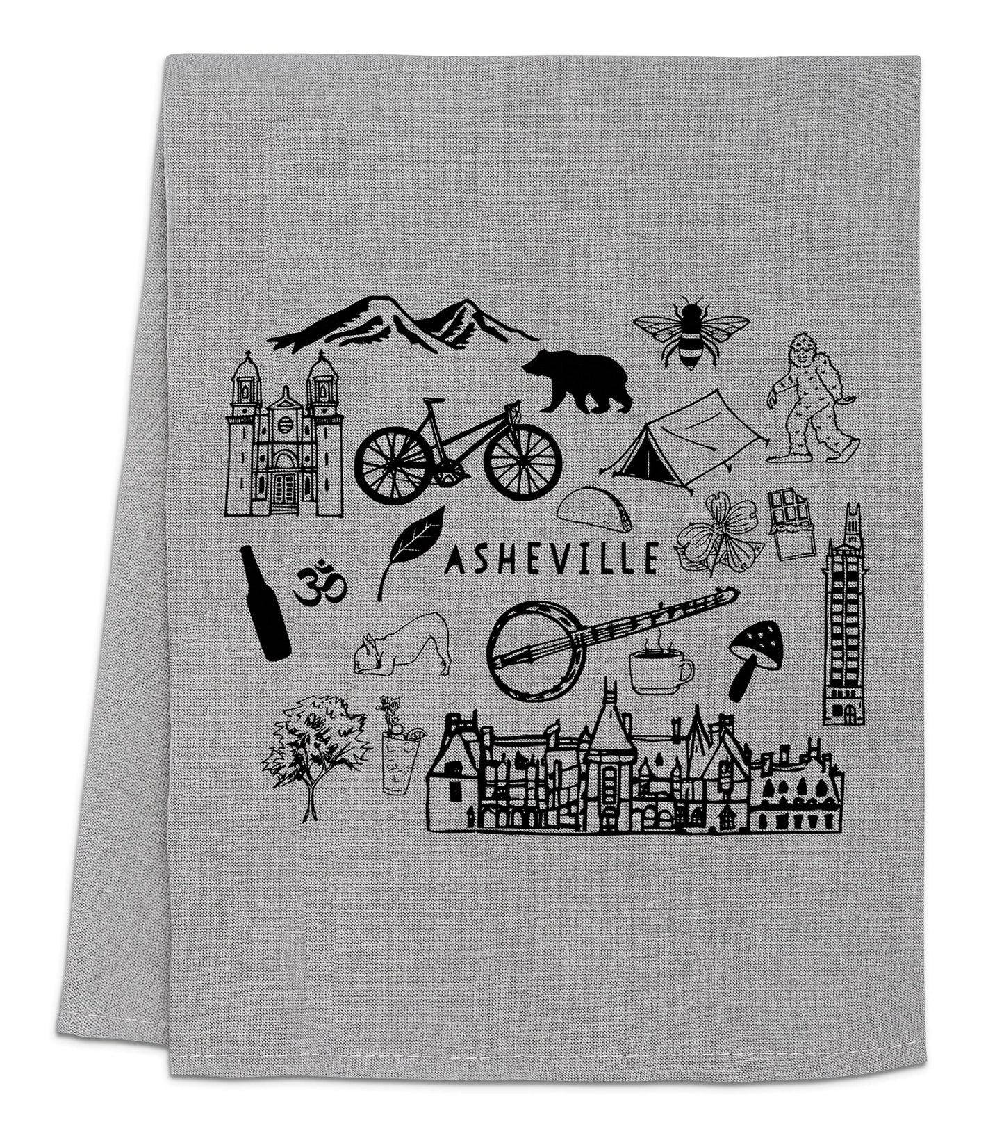 Funny Dish Towel, Asheville North Carolina Collage, Flour Sack Kitchen Towel, Sweet Housewarming Gift, Farmhouse Kitchen Decor, White or Gray (White)