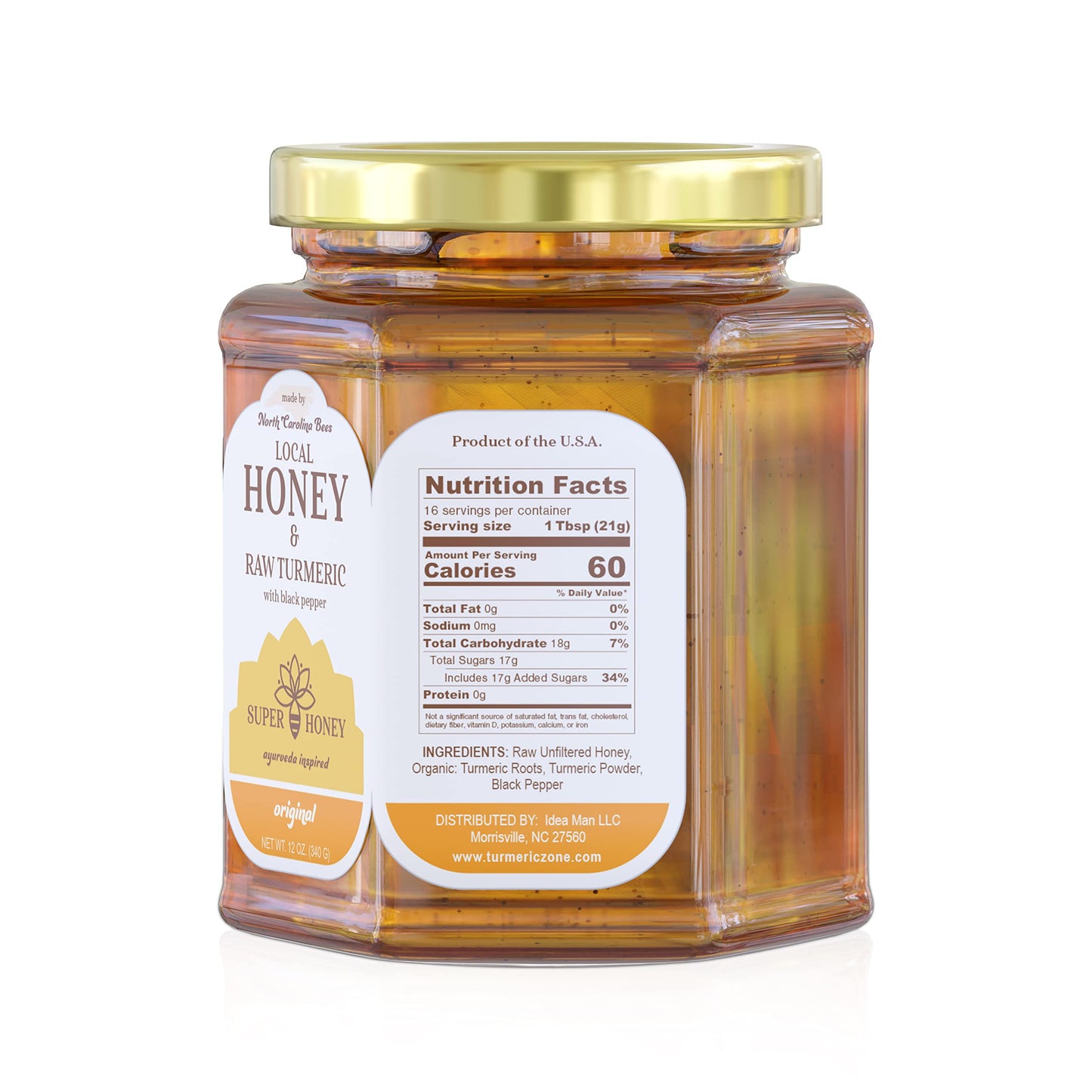 SUPER HONEY North Carolina Honey with Turmeric and Black Pepper, Ayurveda Inspired 100% Pure Raw Honey, Unfiltered and Naturally Delicious - 12oz. Glass Jar